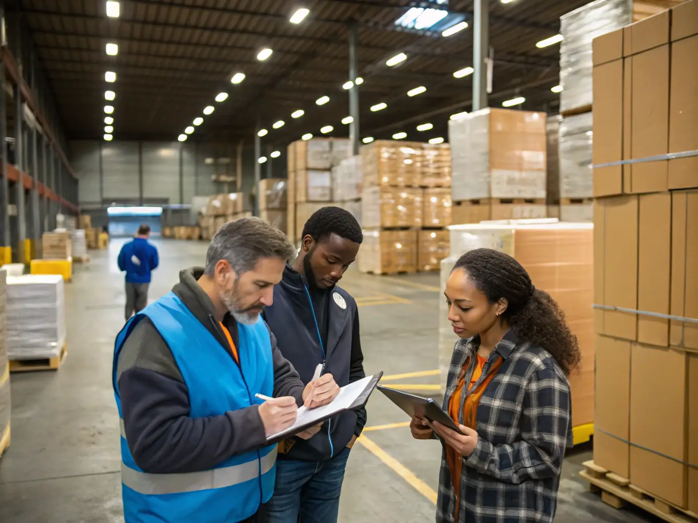 A group of logistics professionals working in a warehouse, representing the temporary employment placement services offered by the company.