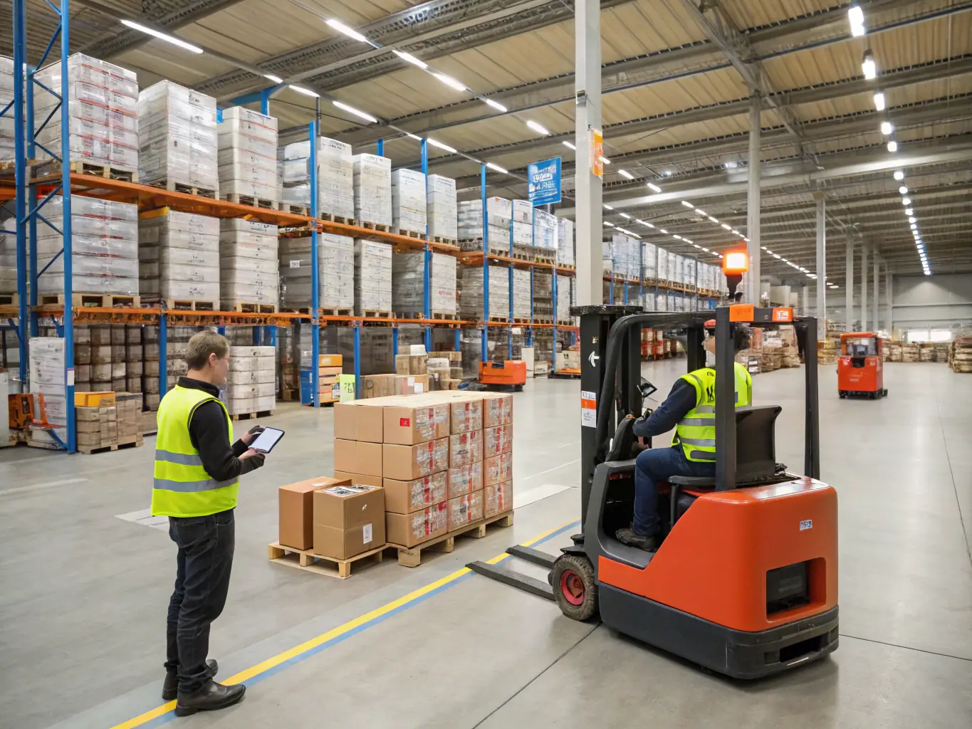 An image of logistics staff working in a warehouse with a supervisor overseeing operations, illustrating temporary employment placement.