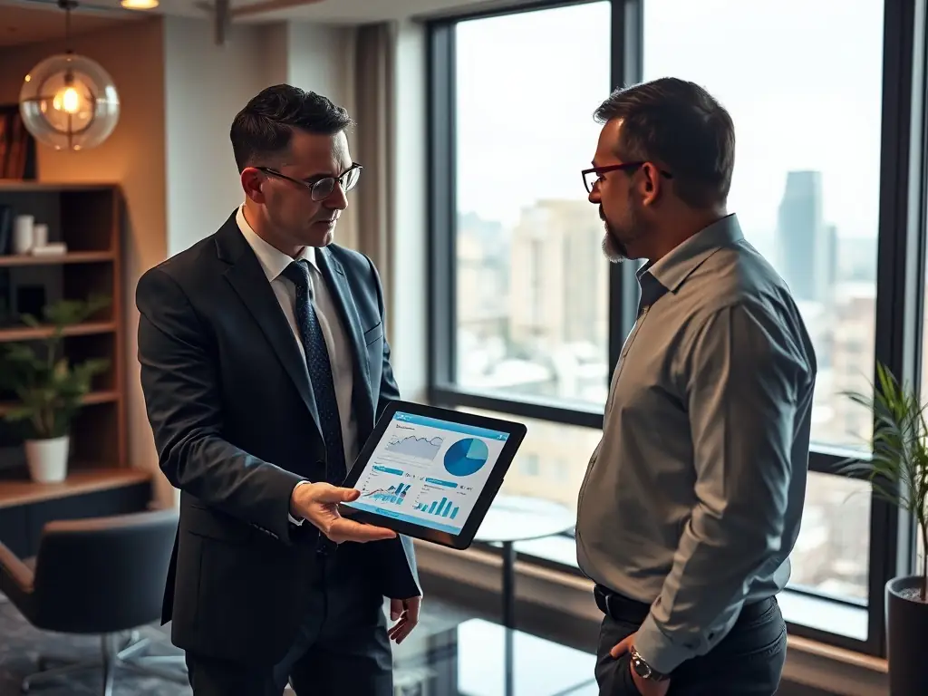 A professional photograph of a logistics expert providing strategic advice to a client in a modern office setting, emphasizing trust and expertise.