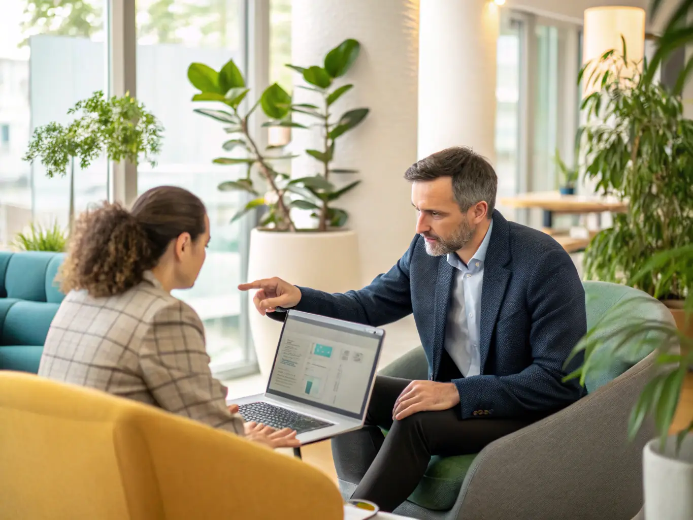 A professional consultant in a modern office setting, advising a client on supply chain optimization strategies, with charts and data visualizations in the background.
