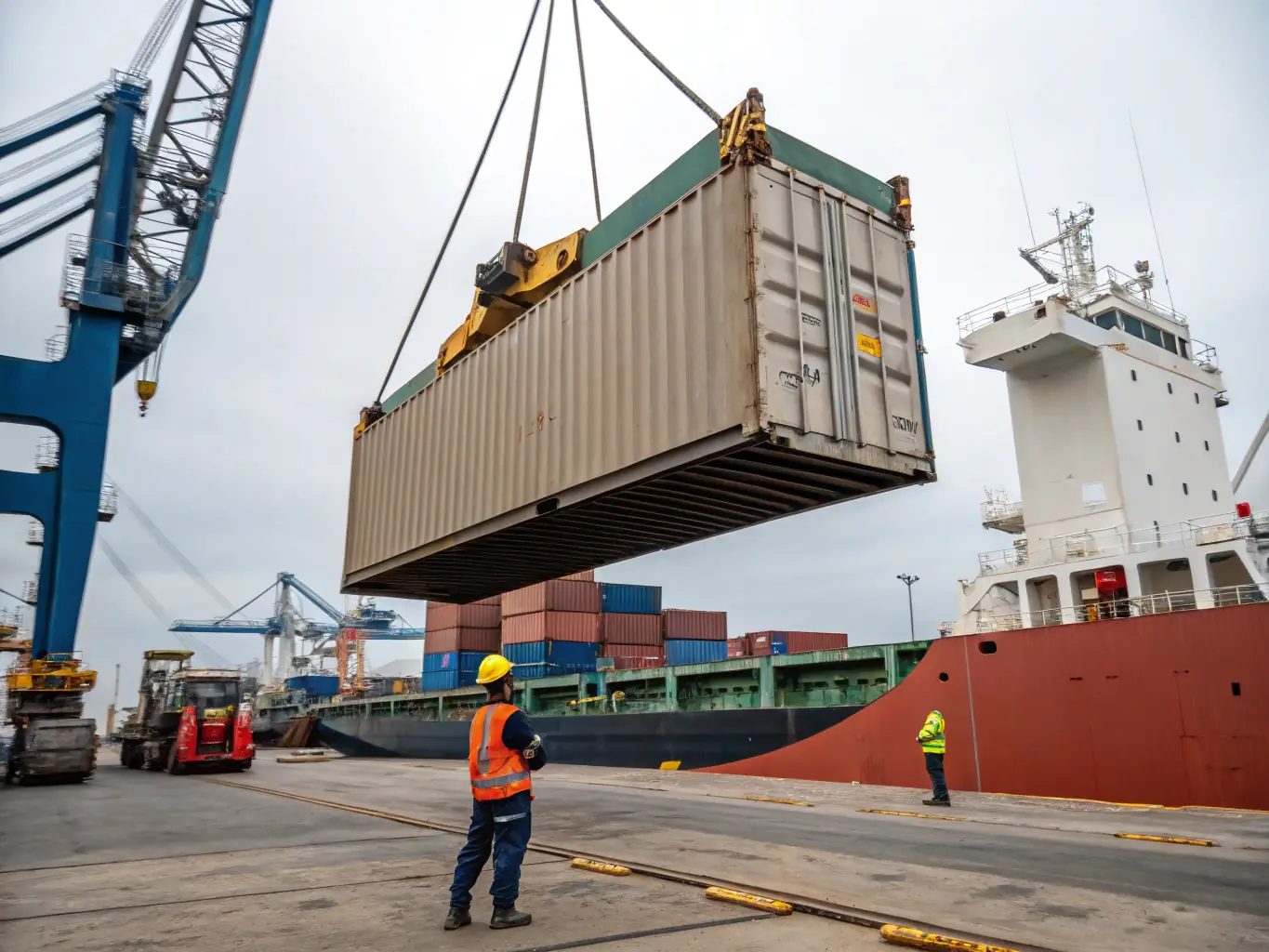 An image of a shipping container being loaded onto a vessel at a busy port, representing container booking solutions.
