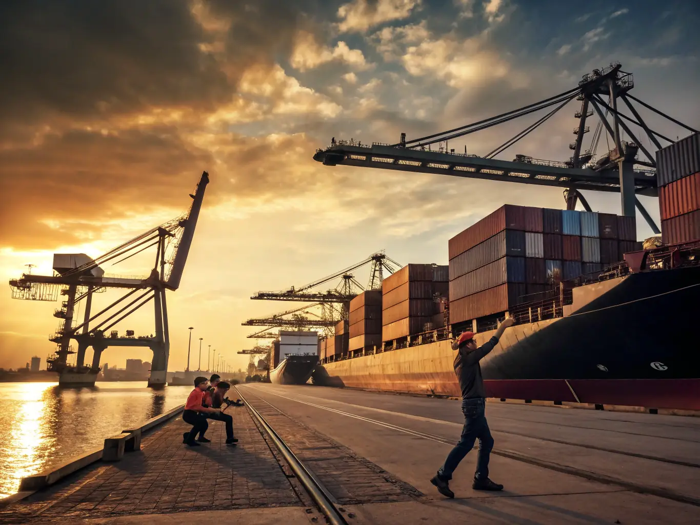 A cargo ship being loaded with containers at a busy port, symbolizing the efficiency and reliability of container booking services.