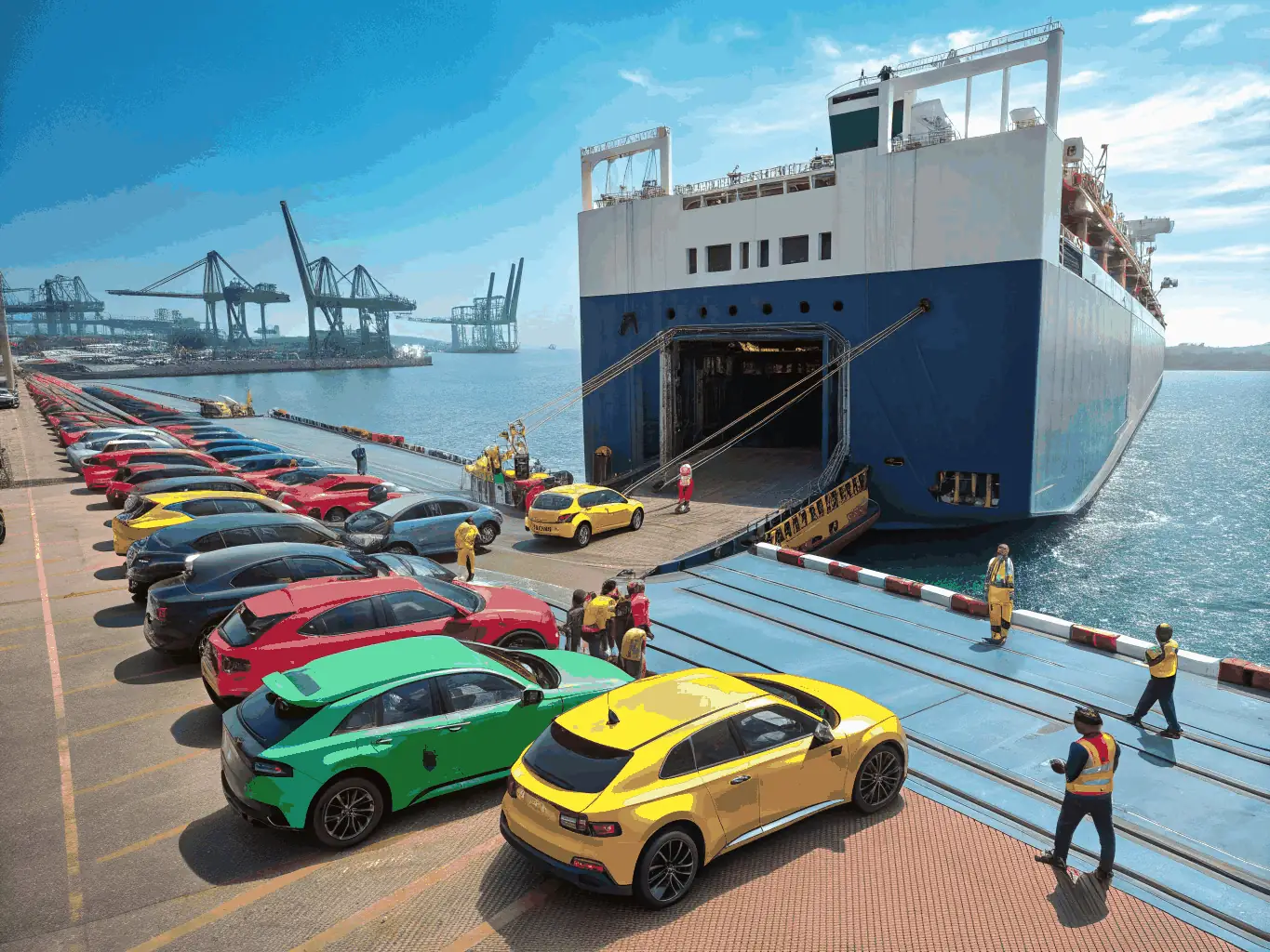 A digital illustration of shipping containers being efficiently loaded onto a cargo ship, symbolizing seamless container booking services.